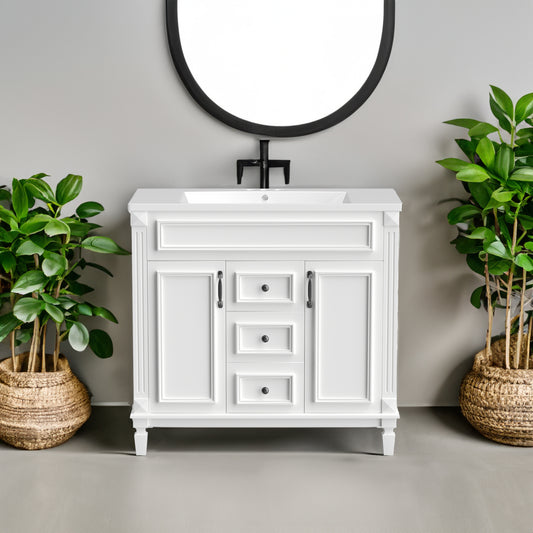 36 inch white bathroom vanity with top sink, equipped with 2 soft closing doors and 2 drawers, bathroom storage cabinet, single